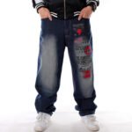 European and American trend hip-hop jeans plus size men's HIPHOP hip-hop wash embroidery loose casual skateboard pants