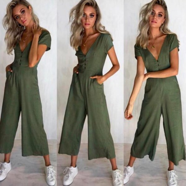 EBay New Products Cross-border Women's Amazon Sexy Short Sleeve V-Neck Button Vacation Jumpsuit Trousers