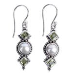 European and American hot-selling 925 retro Thai silver pearl earrings creative square diamond olive green long earrings women - Image 4