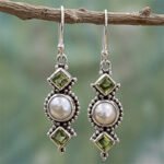 European and American hot-selling 925 retro Thai silver pearl earrings creative square diamond olive green long earrings women