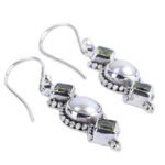 European and American hot-selling 925 retro Thai silver pearl earrings creative square diamond olive green long earrings women - Image 2