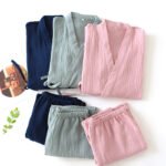 Spring and summer thin cotton yarn double-layer gauze pajamas women's Japanese kimono yukata men's home clothes and wind cardigan tie - Image 2
