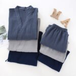 Spring and summer thin cotton yarn double-layer gauze pajamas women's Japanese kimono yukata men's home clothes and wind cardigan tie