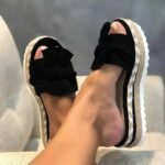 Foreign trade plus size women's shoes one-word sandals and slippers women's outer wear Europe and the United States summer wedge heel bow slippers women's beach sandals - Image 7