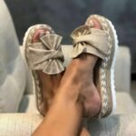 Foreign trade plus size women's shoes one-word sandals and slippers women's outer wear Europe and the United States summer wedge heel bow slippers women's beach sandals