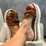 Foreign trade plus size women's shoes one-word sandals and slippers women's outer wear Europe and the United States summer wedge heel bow slippers women's beach sandals - Image 2