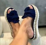 Foreign trade plus size women's shoes one-word sandals and slippers women's outer wear Europe and the United States summer wedge heel bow slippers women's beach sandals - Image 6