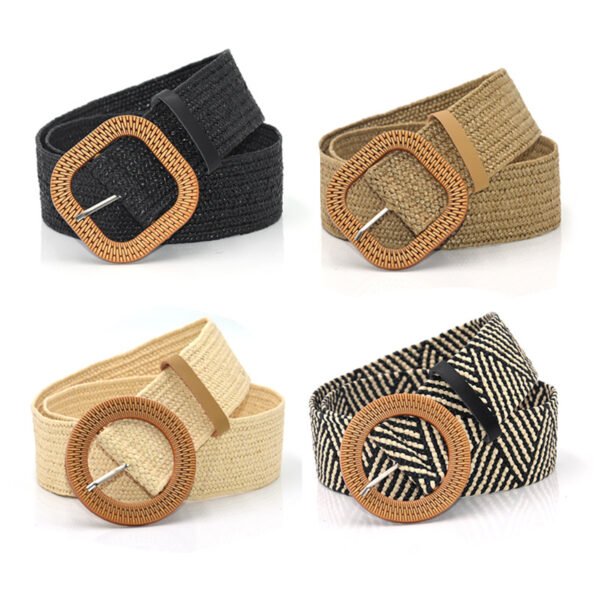 Cross-border wholesale multi-straw woven leisure ultra-wide belt women's woven retro wooden buckle elastic decorative dress shirt waistband