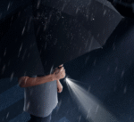 Fully automatic umbrella with flashlight LED light rotating lighting one-button opening and closing three-fold umbrella black glue sunscreen umbrella