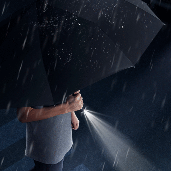 Fully automatic umbrella with flashlight LED light rotating lighting one-button opening and closing three-fold umbrella black glue sunscreen umbrella