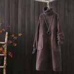 2022 autumn and winter new retro art corduroy plus velvet thick dress mid-length loose pullover sweater dress