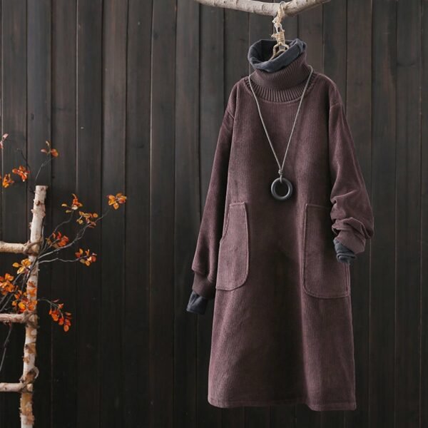 2022 autumn and winter new retro art corduroy plus velvet thick dress mid-length loose pullover sweater dress