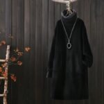 2022 autumn and winter new retro art corduroy plus velvet thick dress mid-length loose pullover sweater dress - Image 3