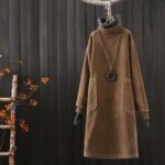 2022 autumn and winter new retro art corduroy plus velvet thick dress mid-length loose pullover sweater dress - Image 2