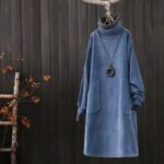 2022 autumn and winter new retro art corduroy plus velvet thick dress mid-length loose pullover sweater dress - Image 4