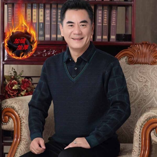 Middle-aged and elderly men's velvet thickened fake two sweaters, dad outfits, bottoms, warm clothes, middle-aged men's winter clothes, knitwear
