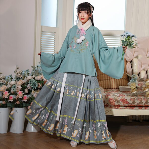 Ming Dynasty Han style round neck patchwork printed horseface skirt