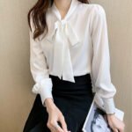 Pincai autumn fashion Korean professional shirt femininity long-sleeved streamer bow chiffon top PW17CS178 - Image 2