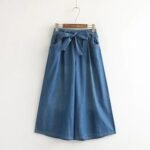 Japanese small fresh all-match casual washable old white solid color tie-up denim wide-leg culottes women 18141 - Image 3