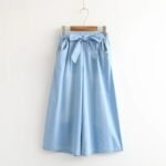 Japanese small fresh all-match casual washable old white solid color tie-up denim wide-leg culottes women 18141 - Image 2