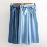 Japanese small fresh all-match casual washable old white solid color tie-up denim wide-leg culottes women 18141