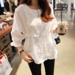 Summer women's t-shirt loose cotton linen waist belt top small fresh V-neck doll shirt autumn shirt female - Image 3