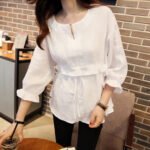 Summer women's t-shirt loose cotton linen waist belt top small fresh V-neck doll shirt autumn shirt female - Image 2