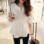 Summer women's t-shirt loose cotton linen waist belt top small fresh V-neck doll shirt autumn shirt female