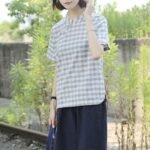 Summer new Japanese retro literature and art fan stand-up collar slanted placket buckle plaid short-sleeved shirt women not 24160 - Image 6