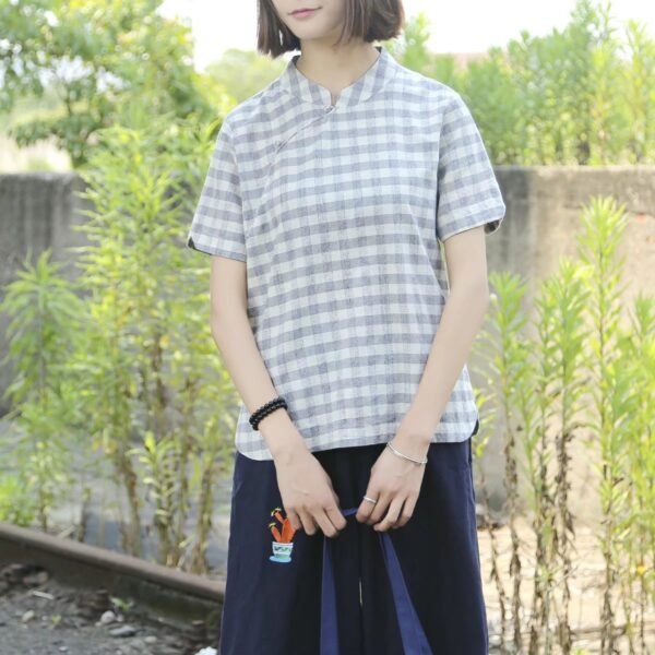 Summer new Japanese retro literature and art fan stand-up collar slanted placket buckle plaid short-sleeved shirt women not 24160