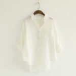 303-1820 Japanese fresh spring women's clothing lapel back buckle solid color pocket long-sleeved cotton and linen shirt for women - Image 7