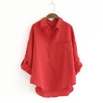 303-1820 Japanese fresh spring women's clothing lapel back buckle solid color pocket long-sleeved cotton and linen shirt for women - Image 6