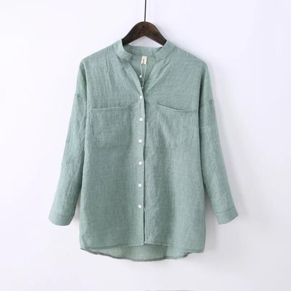 Japanese small fresh stand-up collar loose cotton linen three-quarter sleeve shirt plain cotton linen shirt female sun protection clothing