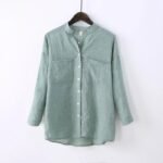 Japanese small fresh stand-up collar loose cotton linen three-quarter sleeve shirt plain cotton linen shirt female sun protection clothing - Image 7
