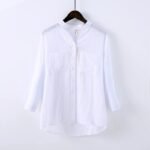 Japanese small fresh stand-up collar loose cotton linen three-quarter sleeve shirt plain cotton linen shirt female sun protection clothing - Image 8