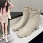 ZHR short boots women's retro British style temperament commuter women's boots fashion trend square toe thick heel boots women's fleece warm thin thin boots women show thin legs CH12A beige 38