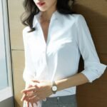 Queen of the sparrow V-neck professional shirt female autumn and winter new long-sleeved temperament formal wear large lapel bottoming thin black shirt female