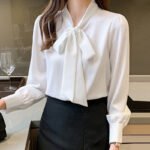 Pincai autumn fashion Korean professional shirt femininity long-sleeved streamer bow chiffon top PW17CS178 - Image 3