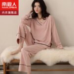 Antarctic people pink striped women's pajamas women's spring and summer solid color cotton V-neck long-sleeved pullover can be worn outside home clothes - Image 2