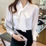 Pincai autumn fashion Korean professional shirt femininity long-sleeved streamer bow chiffon top PW17CS178 - Image 6
