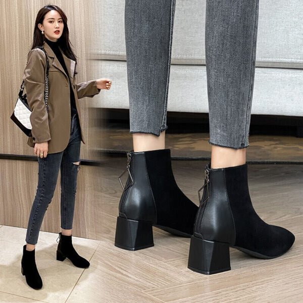 ZHR women's boots net red square toe chunky heel short boots women's commuter all-match thin boots texture suede fashion heightening and thin boots women's warm skin-friendly Y352 black 39