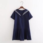 Summer new cotton navy style pleated skirt loose and thin solid color short-sleeved dress C4250