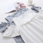 2018 summer new small fresh solid color shirt female wood ear trumpet sleeve pullover loose strapless cotton linen shirt - Image 4