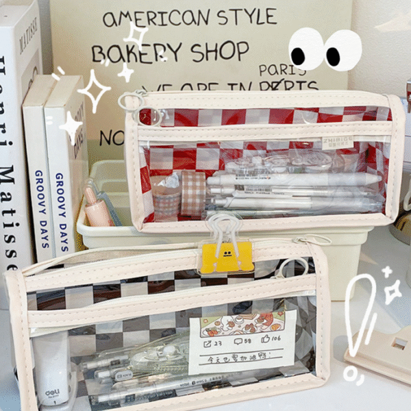 Checkerboard transparent pen bag ins Japanese girls junior high school students girls college stationery large capacity pencil case