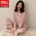 Antarctic people pink striped women's pajamas women's spring and summer solid color cotton V-neck long-sleeved pullover can be worn outside home clothes - Image 5