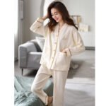 Nanjiren pajamas women's spring, autumn and winter solid color cotton ladies home service cardigan long-sleeved pajama pants trousers suit L - Image 9