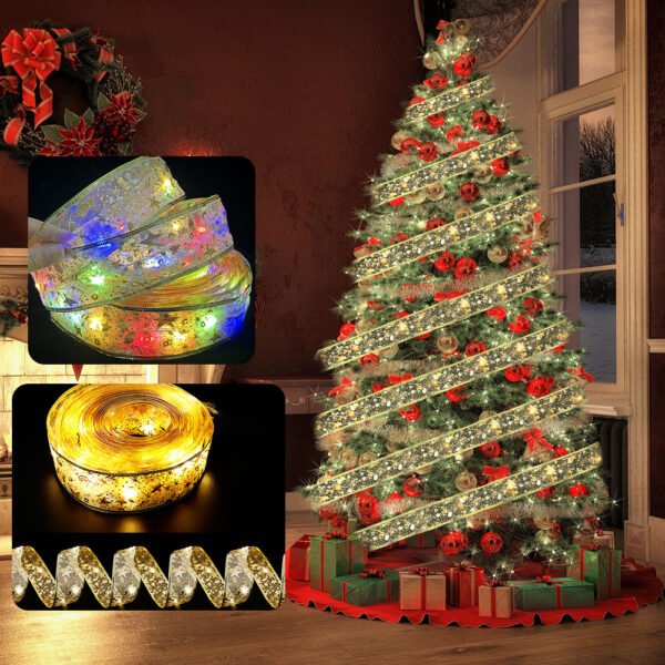 Christmas Ribbon LED Light String Christmas Decorations Christmas Tree Decoration Pendant Gift Bronzing Double Ribbon