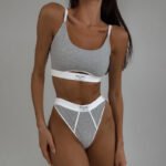 2023 Contrasting Color Stitching Letter Cloth Label Personalized Split U-Neck Adjustable Shoulder Strap Briefs Bra Two-piece Set - Image 3