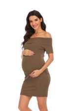 6175# in stock! New Maternity Skirt Amazon eBay Europe and America Solid Color One Shoulder Short Sleeve Dress - Image 6