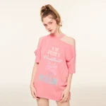 Vintage wash print irregular off-shoulder mid-length T-shirt